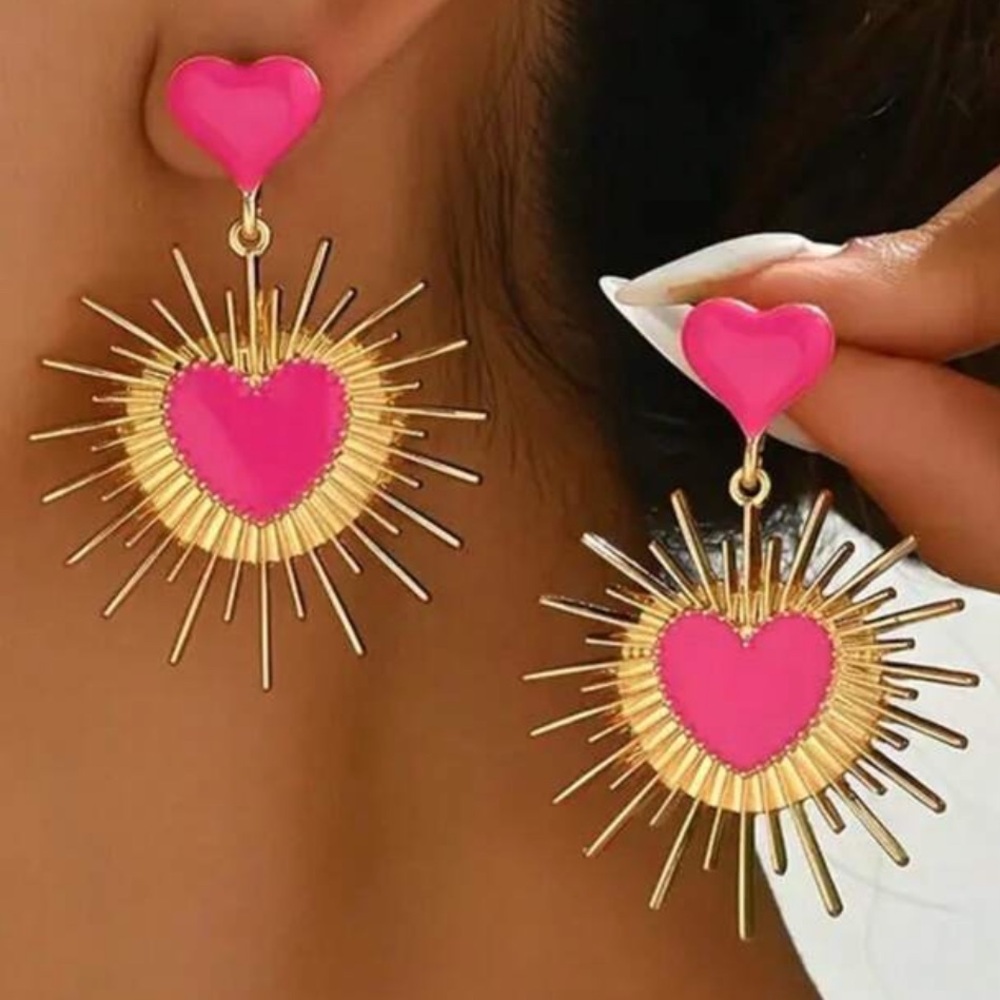 Ethereal Pink Heart Starburst Dangle Earrings